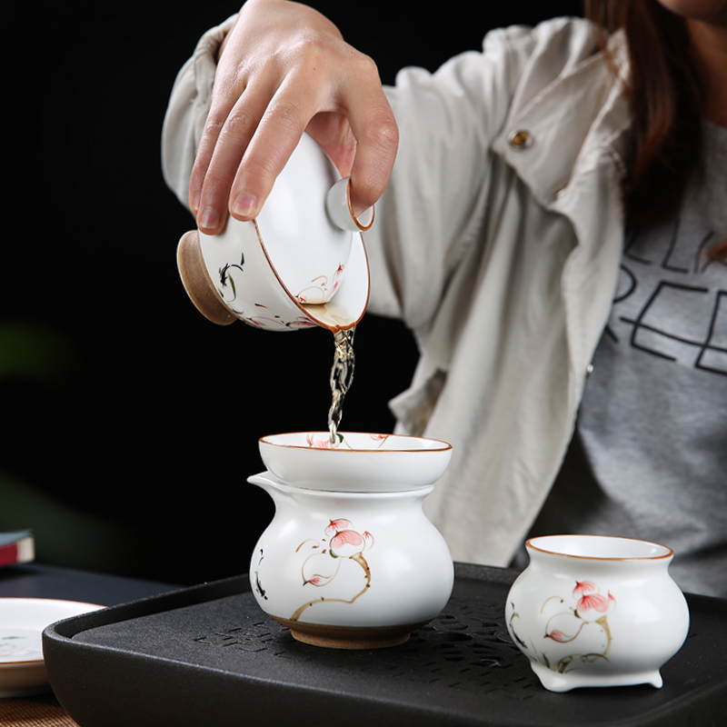 Dehua kung fu tea set suit household contracted 6 only hand - made ceramic cup lid bowl of tea set