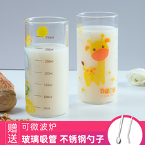 Childrens milk cup Cartoon drinking cup with scale Microwave oven can be heated to bubble milk powder spoon cup Glass mouth cup