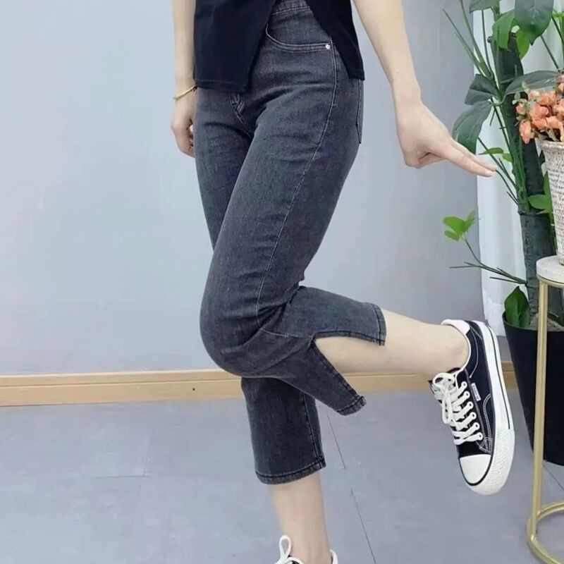 2025 Summer New Denim Cigarette Pants, Tight-Fitting Elastic Waist Thin Cropped Pants, Stretchy Straight-Leg Pants