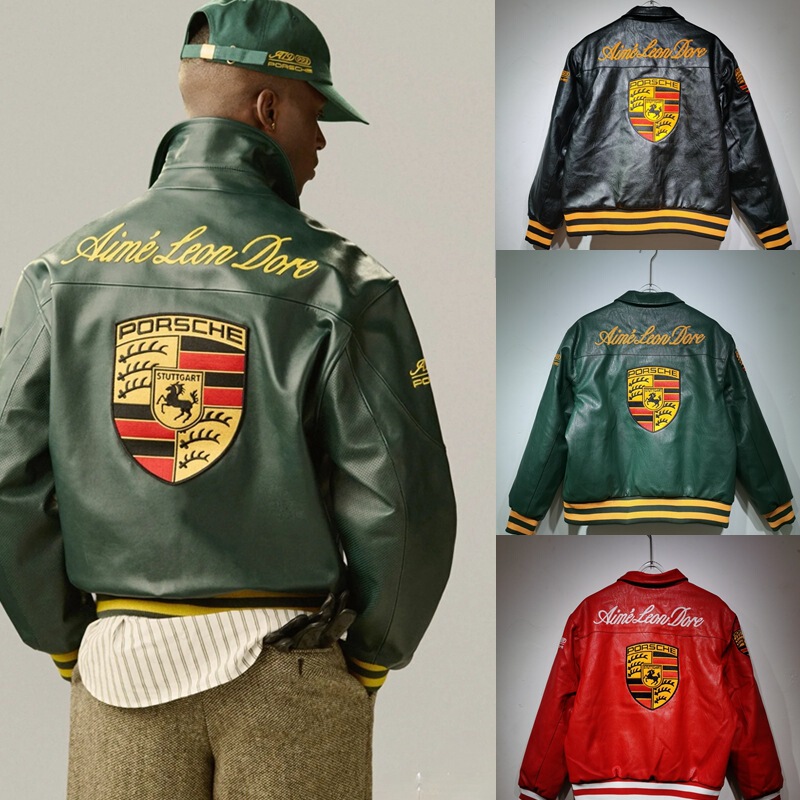 High-End Porsche Racing Jacket Co-Branded with James, Heavy-Duty Micro-Embroidered Vintage Leather Jacket for Men and Women