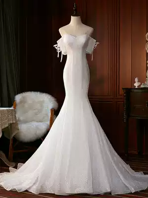 Fish tail light wedding dress 2021 New temperament bride shoulder Starry Sky small tailing slim simple French Super fairy