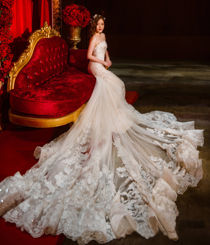 2021 new fish tail wedding dress main yarn Smear Thyme Rex style light head-on bridal Trailing Retro Palace Wind