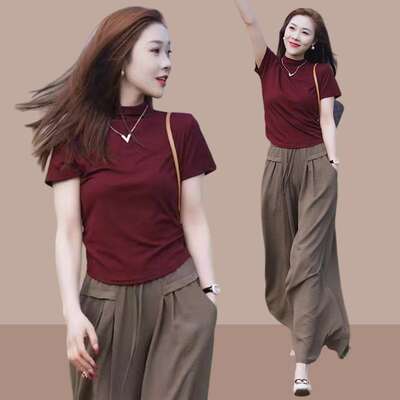 Irregular, stylish and semi-high-neck pure cotton top for women, 2026 summer new style, slimming, versatile and youthful T-shirt