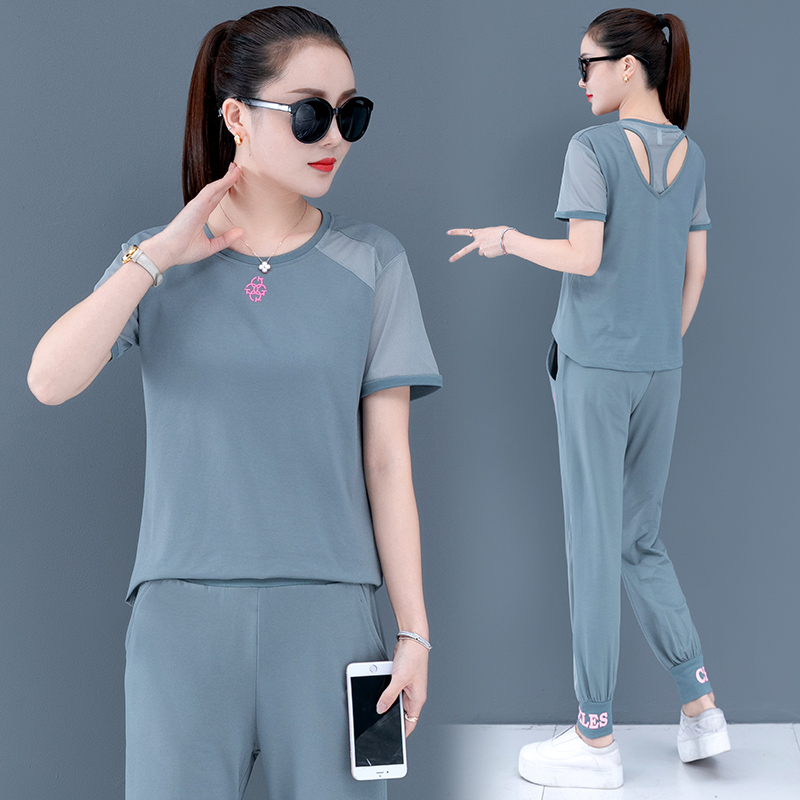 Summer Outfit nữ 2020 mới thể thao Casual thời trang Hàn Quốc Set Loose ngắn tay mõm hai mảnh