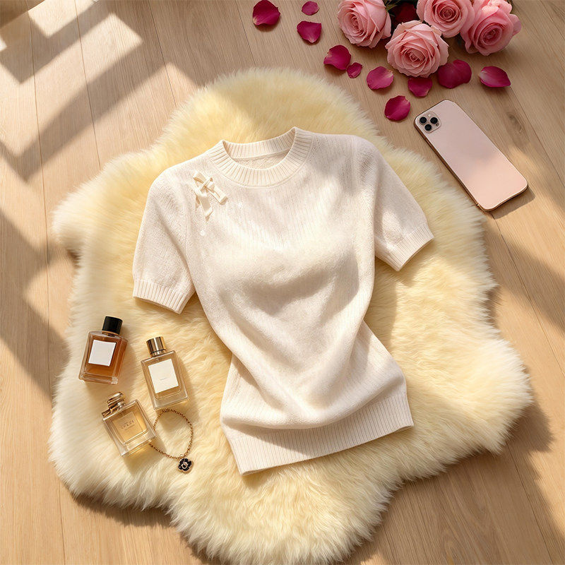 短袖t恤女2026新款时尚洋气夏季流行高级感气质温柔杏色针织上衣