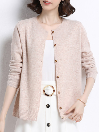 2025春秋新款100%纯羊毛衫女开衫宽松圆领外搭针织衫纯色披肩外套