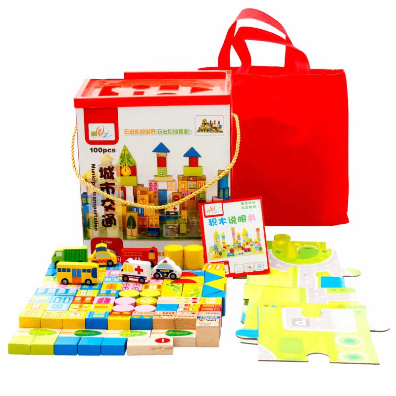 Children's building blocks toys 100 grains barrel city traffic three-in-one large wooden toys - Taobao