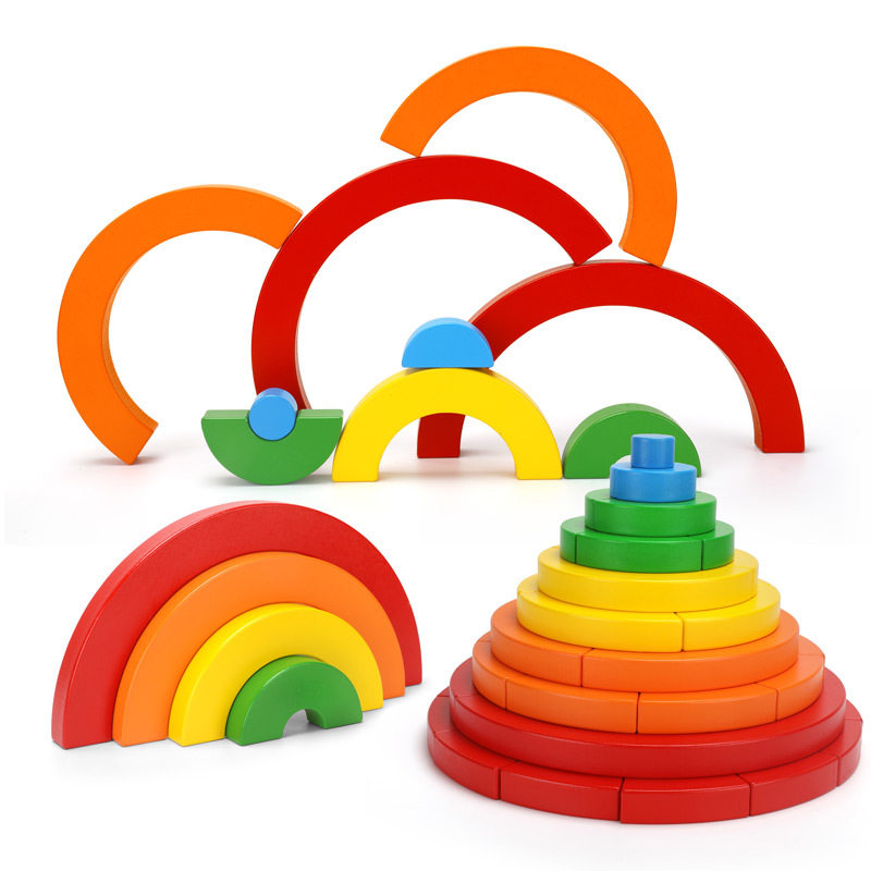 Children's enlightenment rainbow five-color toy assembled wooden puzzle large particle early education multi-section building blocks