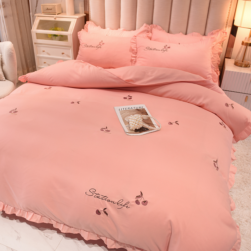 Brief Nude Sleep Bed Skirt Four Pieces All Cotton Pure Cotton Small Fresh Cherry Embroidery Quilt Cover Three Sets Washed Cotton Bed