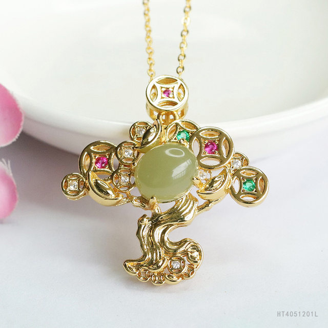 Natural Hetian Jade Qingshui Jade Pendant Copper Money Tree Necklace Hetian Jade Pendant as a Gift for Your Girlfriend in Chinese Style