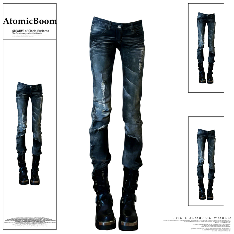 American Retro Skinny Ripped Low-Waist Jeans for Women, Street Style Niche Hot Girl Yabi Pleated Slim Straight Pants