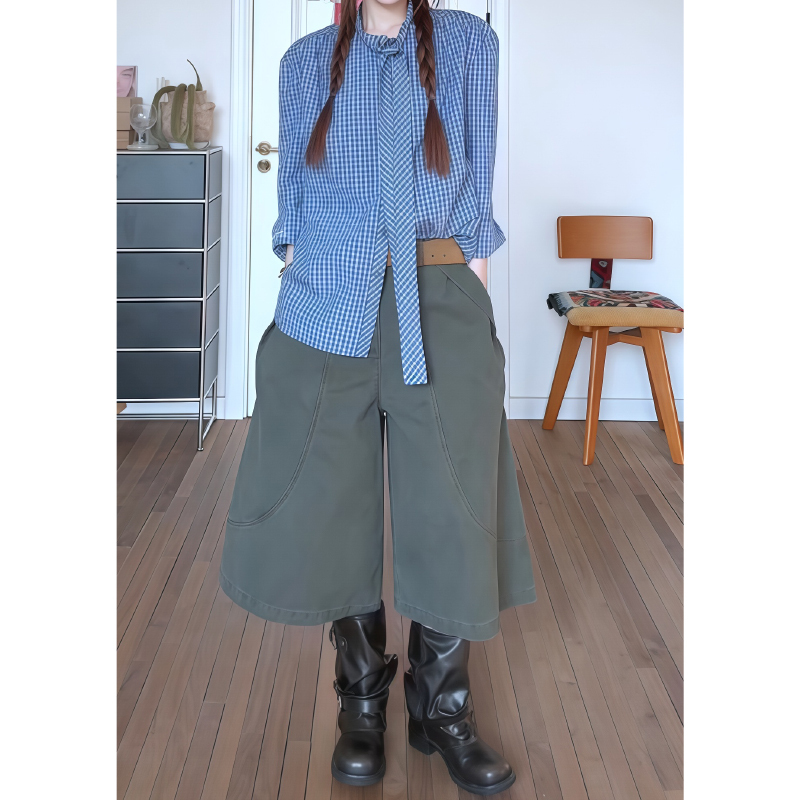 American Retro Distressed Military Green Denim Cropped Pants for Women, New Spring and Summer Style, Loose Fit, Slimming Wide-Leg Shorts