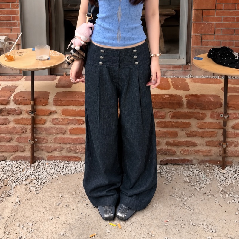 Palace-Style Napoleon Navy Blue Jeans, Autumn Design, Niche, Loose, Lazy, Relaxed Straight-Leg Jeans