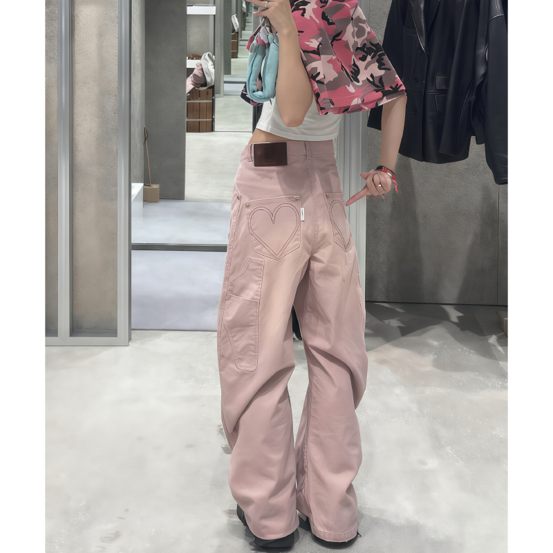 American Retro Pink Pants, Workwear Pants for Women, Loose Fit, Niche Style, Heart Embroidery Design, Straight-Leg Jeans