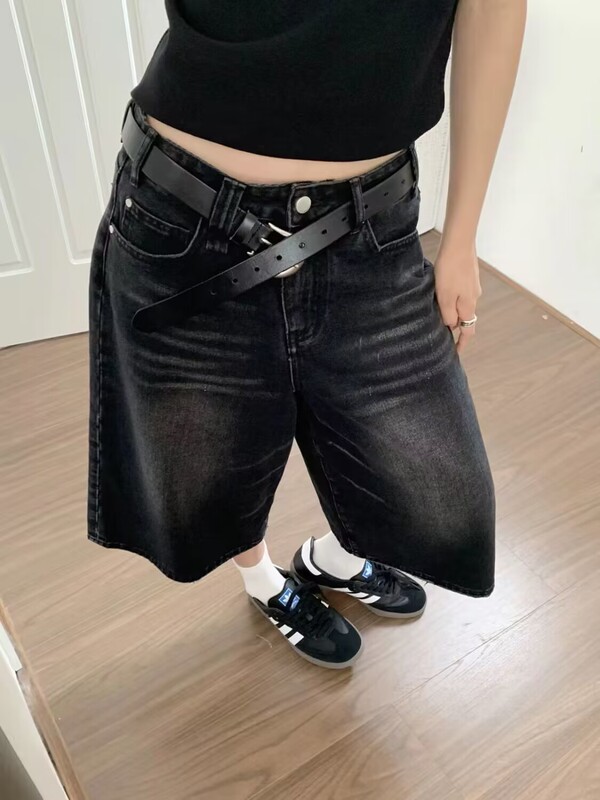 Plus Size Denim Shorts Black Capri Pants Women's Summer Thin American Retro Loose Mid-Length Straight Pants Knee-Length Shorts