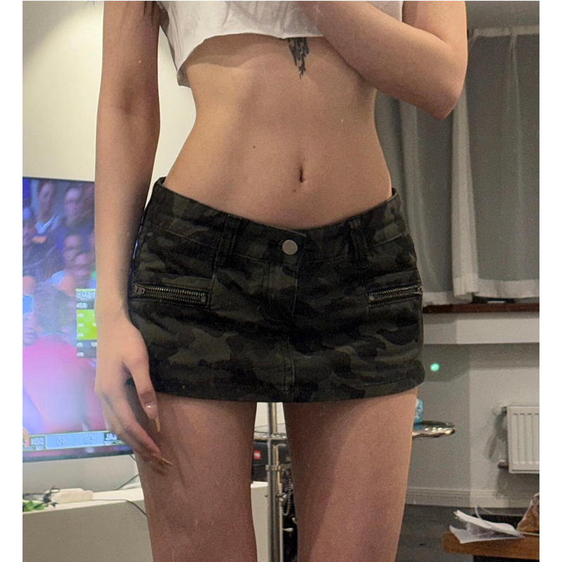 American Retro Camouflage Low-Waisted Denim A-Line Short Skirt for Women Summer Sexy Y2K Skirt Sexy Army Green Skirt
