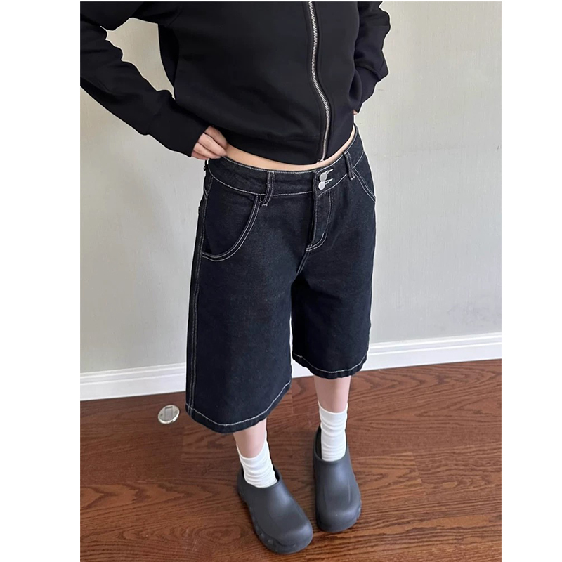 American Retro Black Unique and Beautiful Denim Shorts for Women, Summer Pants, Loose Casual Mid-Length Straight Shorts