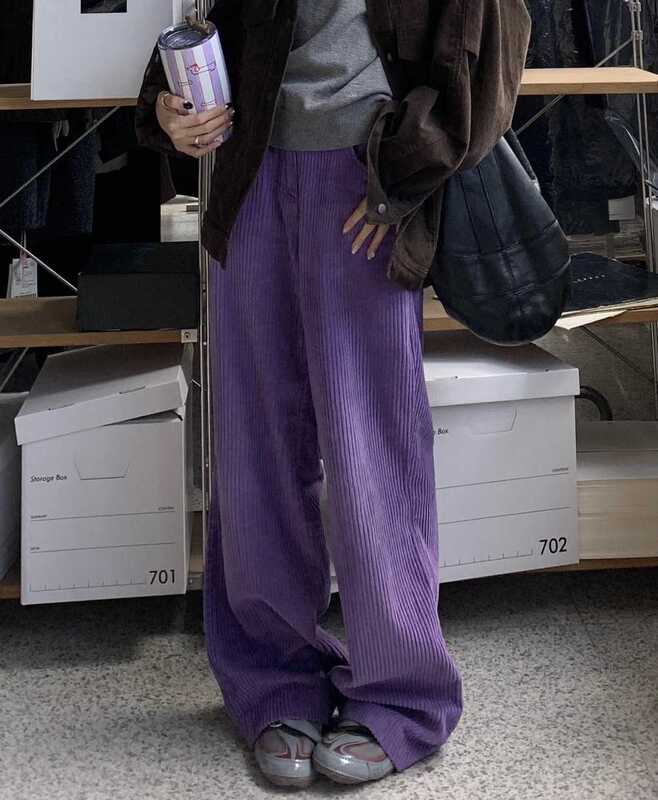 Retro Purple Corduroy Pants for Women, New Autumn and Winter Style, Fleece-Lined, Thickened, Lengthened, Lazy, Loose, Corduroy Wide-Leg Pants
