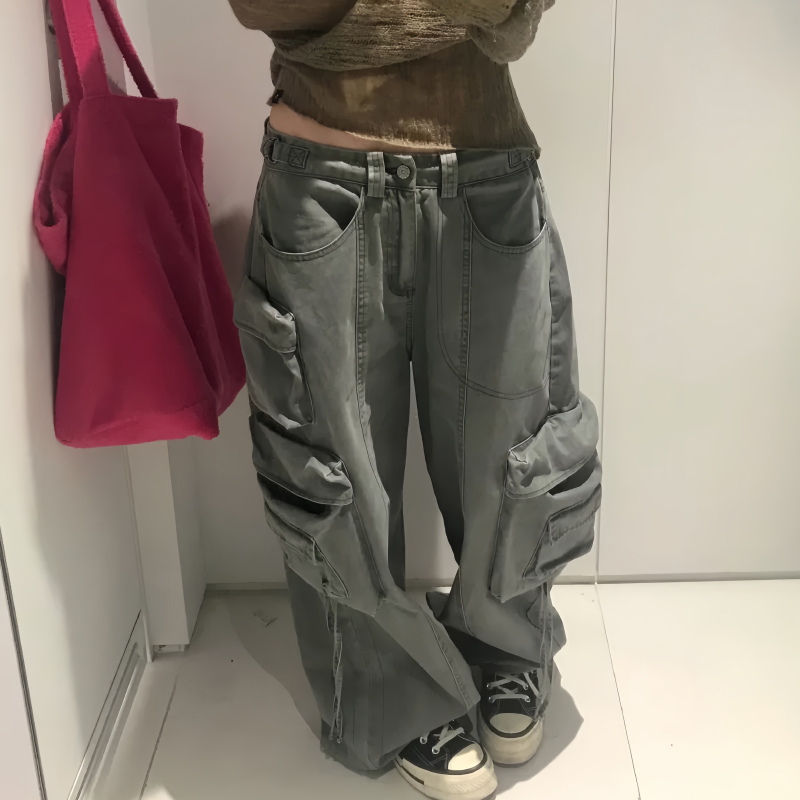 American Retro Military Green Low-Waist Cargo Pants for Women 2026 Autumn Hot Girl Multi-Pocket Loose Wide-Leg Jeans American Retro Military Green Low-Waist Cargo Pants for Women 2026 Autumn Hot Girl Multi-Pocket Loose Wide-Leg Jeans