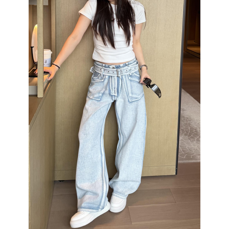 American Retro Distressed Washed Jeans with Belt for Women, Designer Style, Spring/Summer Y2K Spicy Girl Niche Loose Pants