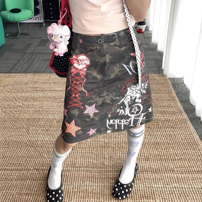 American Retro Graffiti Cartoon Print Camouflage Skirt Women's Summer New Style Millennium Hottie Yabi Casual Mid-Skirt