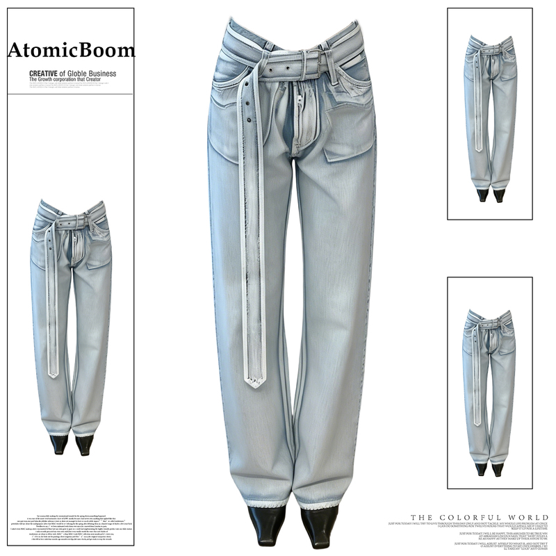 American Retro Distressed Washed Jeans with Belt for Women, Spring and Summer Y2K Style, Loose Wide-Leg Pants with a Unique Design
