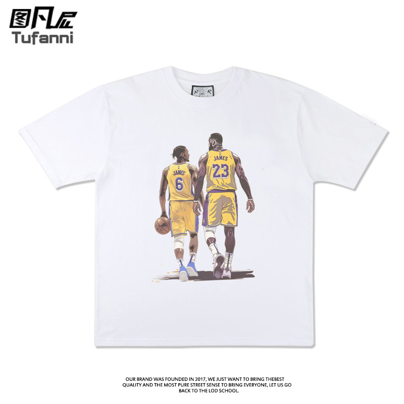 Lakers James and Brownie Father-Son Matching Short-Sleeve T-Shirts Summer Basketball American Retro Pure Cotton Half-Sleeve Lakers James and Brownie Father-Son Matching Short-Sleeve T-Shirts Summer Basketball American Retro Pure Cotton Half-Sleeve