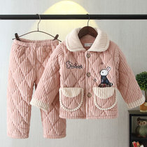 Childrens pajamas girls winter flannel three-layer quilted plus velvet thickened coral velvet baby child home clothes