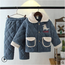 Winter childrens pajamas boys three-layer quilted flannel warm thick coral fleece baby girl home clothes
