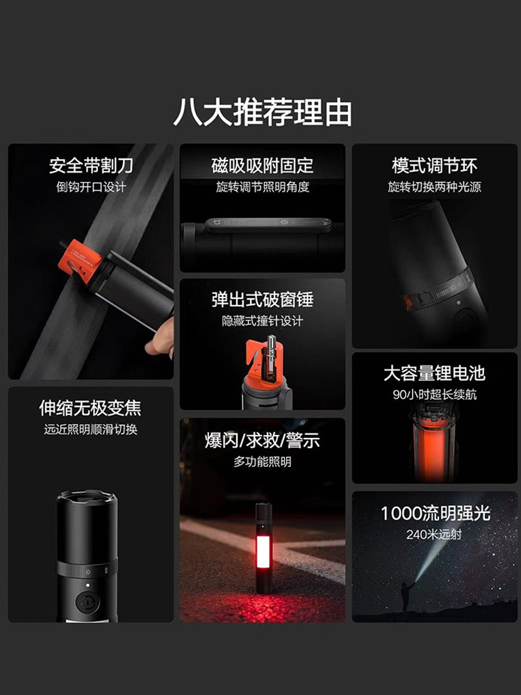 Xiaomi Mijia Multifunctional Flashlight, Strong Light, Emergency Outdoor, Long-Lasting, Ultra-Bright, Long-Range Light, Portable Car Safety Hammer