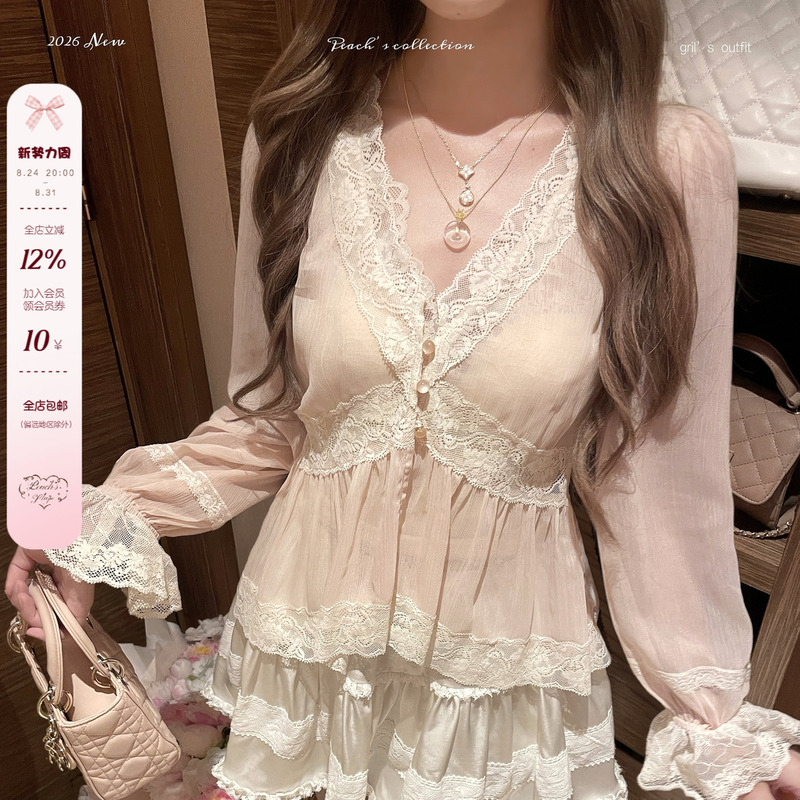 Peach'S/Lace Notes Japanese-Style Chiffon Crinkled Long-Sleeve Blouse with Lace Waist-Cinching Top, Slightly Sheer Sun Protection Shirt