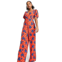 Hong Kong direct mail trendy luxury ASOS womens bubble design crepe V-neck puff sleeve printed jumpsuit