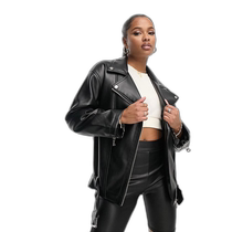 Hong Kong Direct Mail Fashion Luxury ASOS Womens Design Small Long Loose Faux Leather Rider Jacket (Black)