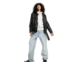 Hong Kong direct mail trendy luxury ASOS womens premium design long loose genuine leather knight jacket (black