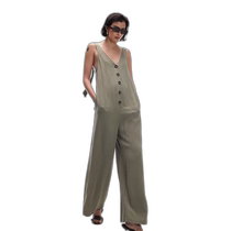 Hong Kong direct mail trendy luxury Topshop womens V-neck buttoned and knotted suspender jumpsuit (khaki)