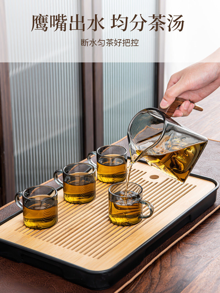 Glass Transparent and Clean Tea Set with Wooden Handle, Thickened Heat-Resistant Tea Set, Tea Divider, Tea Strainer, Japanese-Style Tea Ware