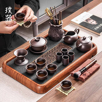 Purple Clay Teapot Tea Set for Home Use, Light Luxury High-End Ceramic Gaiwan, Kung Fu Tea Cups, Tea Tray, Complete Set for Tea Brewing