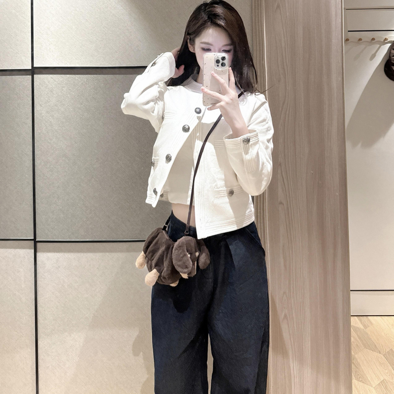 White Short Chanel-Style Jacket for Women, Spring 2026 New Model, Round Neck, Slimming, Elegant, High-End Feel, Trendy Top