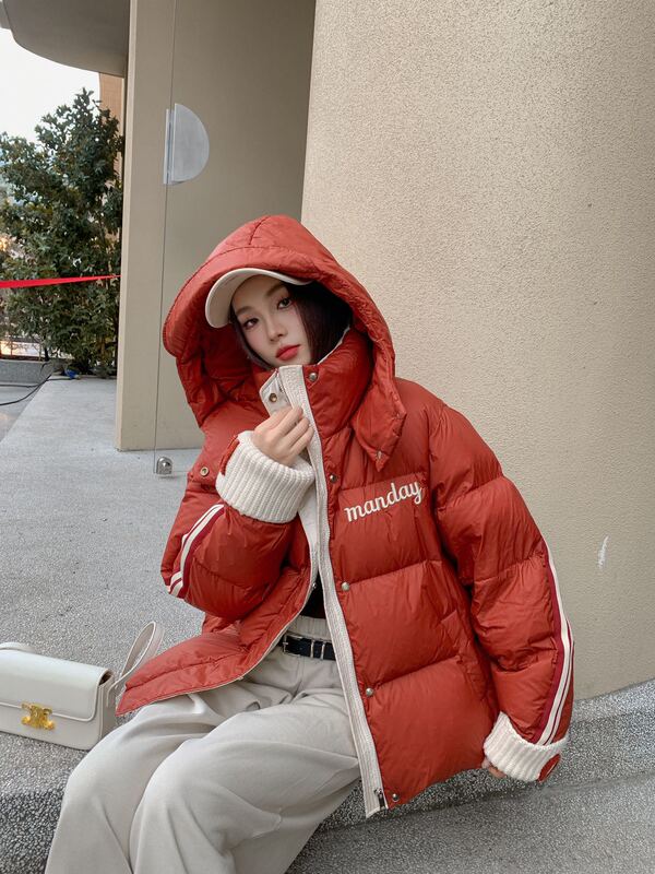 Short Style 2024 New Embroidered Korean Style Patchwork Color-Blocking down Jacket for Women, Winter Stand Collar Hooded Thickened Coat