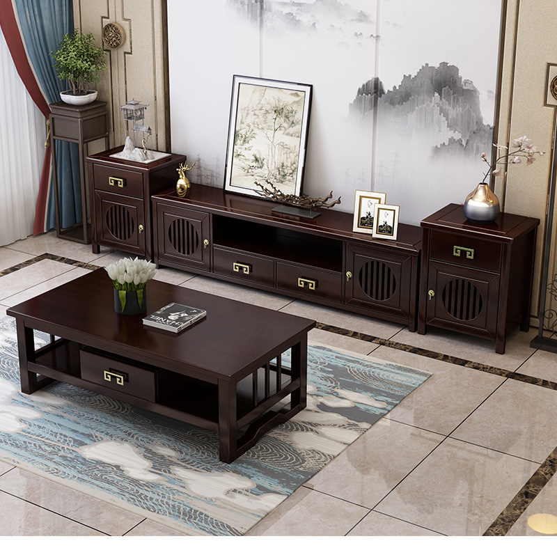 New Chinese solid wood TV cabinet tea table combination suit Living room Chinese new 2 2 m TV cabinet ground cabinet 2 m