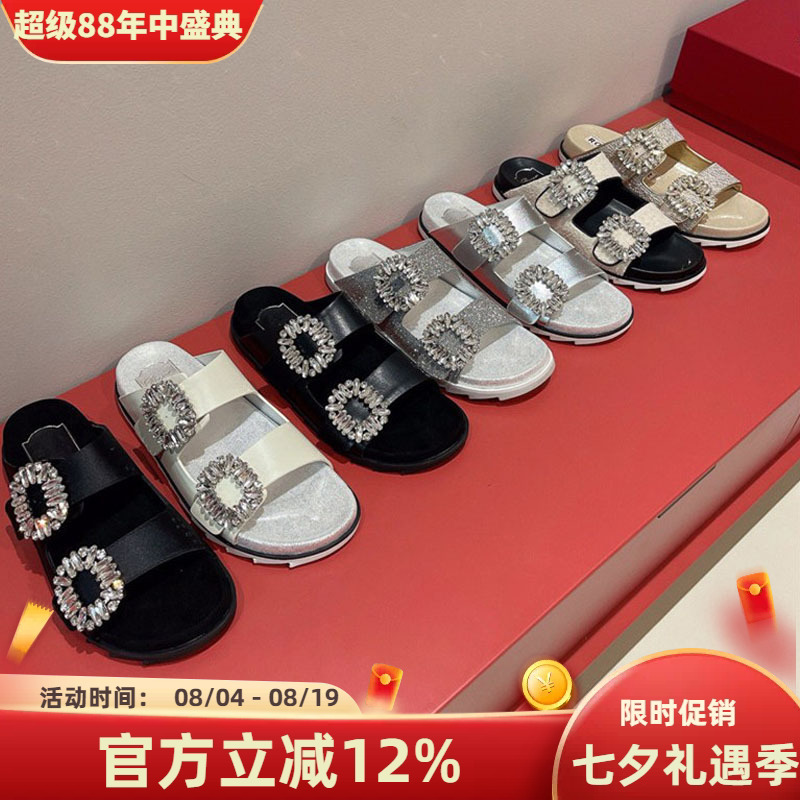 Rv.Mb.Cl.Jc Rhinestone Roman Sandals for Women 2026 Summer Double Rhinestone Buckle Thick-Soled Casual Half-Slippers Beach Shoes