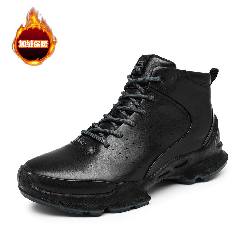 Men's First-Layer Cowhide Inner Height-Increasing Shoes, Snow Boots, Winter Sports High-Top Outdoor Hiking Boots, Black Casual Cotton Shoes