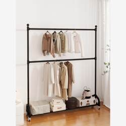 Double-Layer Bold Mobile Adjustable Clothes Rack Floor-Standing Household Simple Drying Coat Rack Kidsren's Double-Pole Display Rack