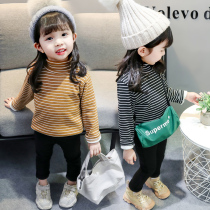 Male and female child black and white striped with undershirt spring and autumn clothes for children foreign air trendy half-height collar t-shirt baby pure cotton blouse