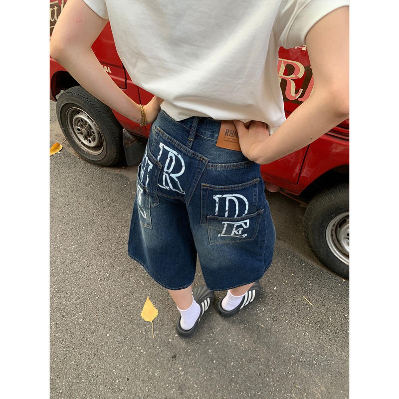 Muzi Sheep American Retro Multi-Pocket Printed 7/8 Pants Unisex Summer New Versatile Casual Jeans Trendy Brand