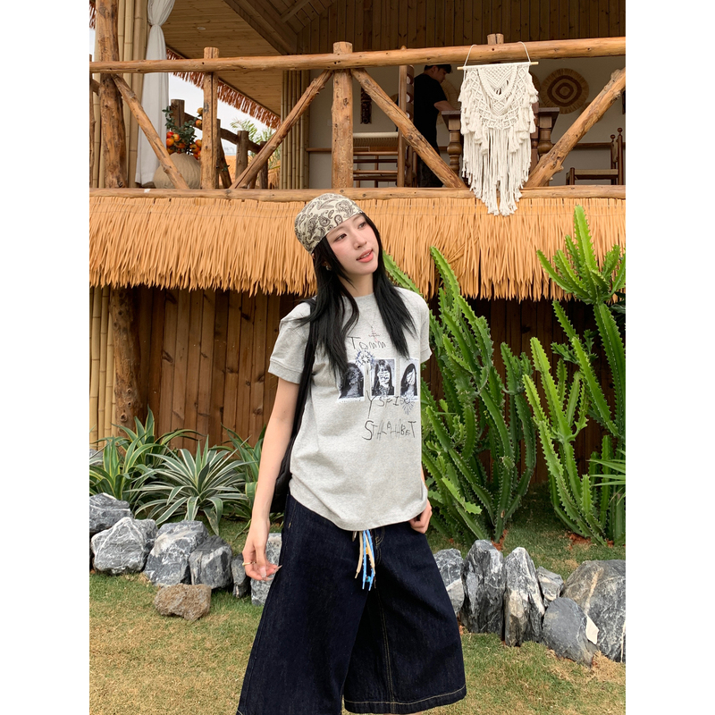 Muzi Sheep American Retro Graphic Print Short-Sleeve T-Shirt for Men and Women, Vintage Loose Casual Regular Shoulder Half-Sleeve ins