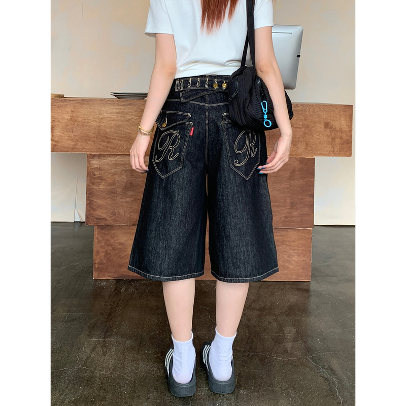 Muzi Sheep American Retro Paris Buckle Washed Embroidered 7-Point Pants Unisex 26 Summer Loose Wide-Leg Denim Shorts