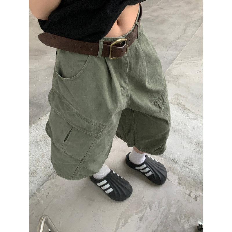 Muzi Sheep American-Style Washed Vintage Workwear Cropped Pants for Men and Women, Summer Original Multi-Pocket Retro Shorts Trendy