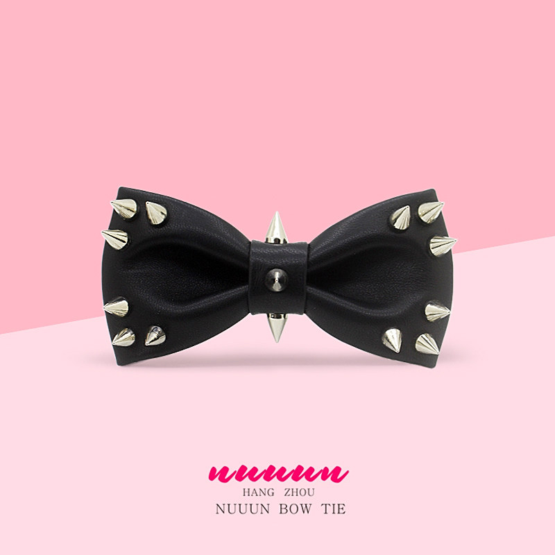 NU Original Genuine Leather Bow Tie with Band Style, Studded, Versatile BLACK PINK Bow Tie - Punk Cyber