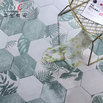 Nostalgic porcelain Nordic green plant leaves Cement hexagonal brick Kitchen tile powder room small flower wall brick
